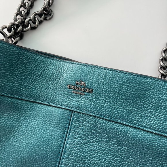 Coach Pebbled Leather Lexy Chained Shoulder Bag In Metallic Teal F22209 - NWOT - Picture 4 of 9